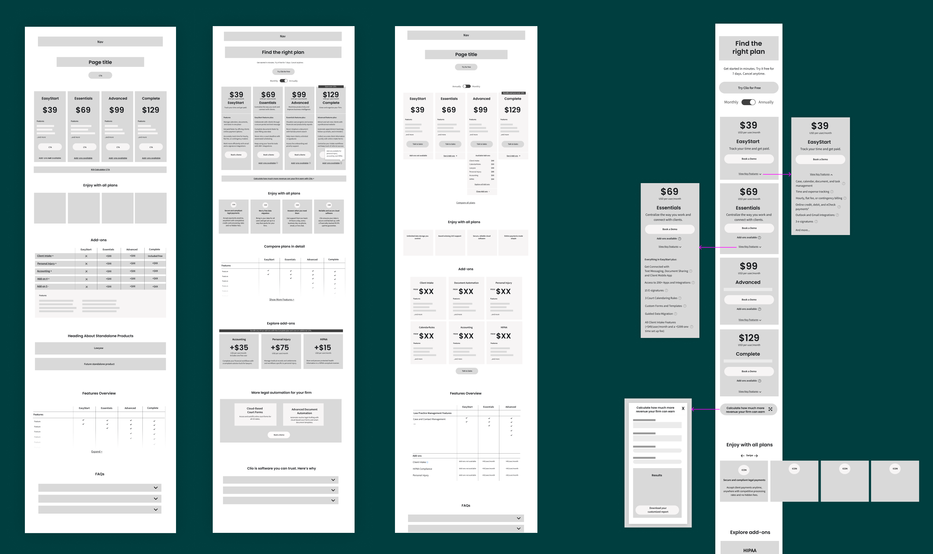 Pricing page wireframe iterations