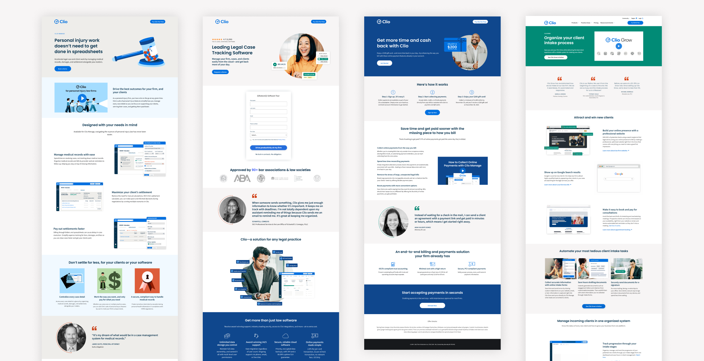 A range of landing pages designed for Clio's website