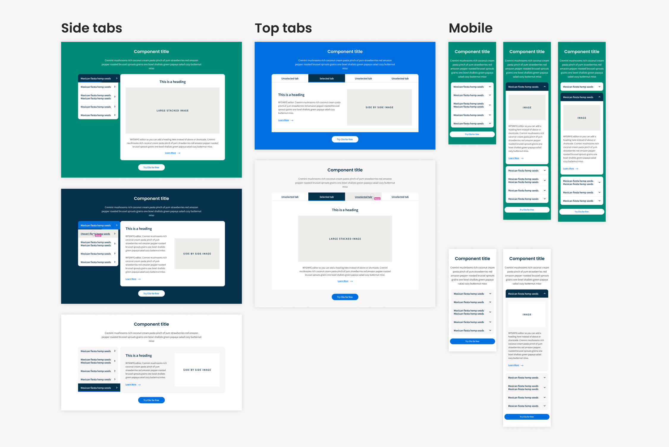 A new tabbed component designed with two desktop layouts and one mobile layout