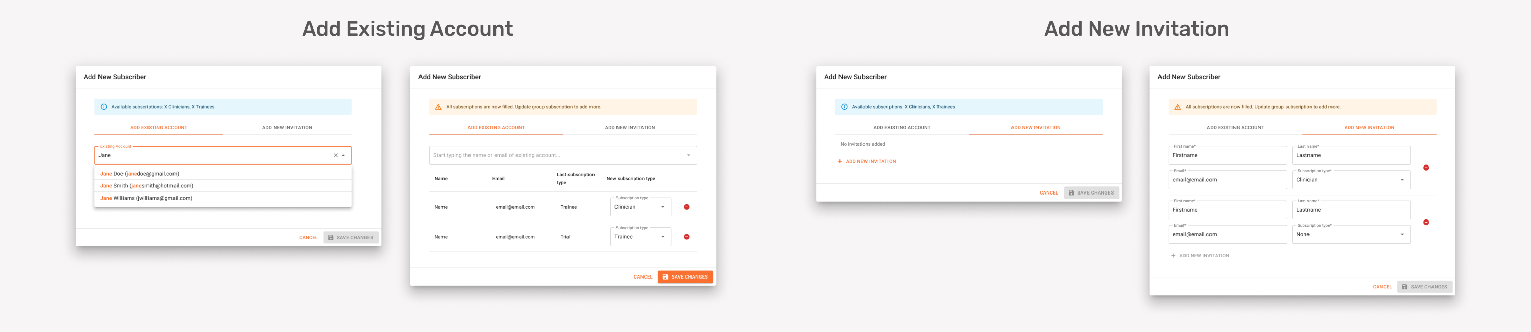 Revised design of the modal to add a new subscriber/administrator.