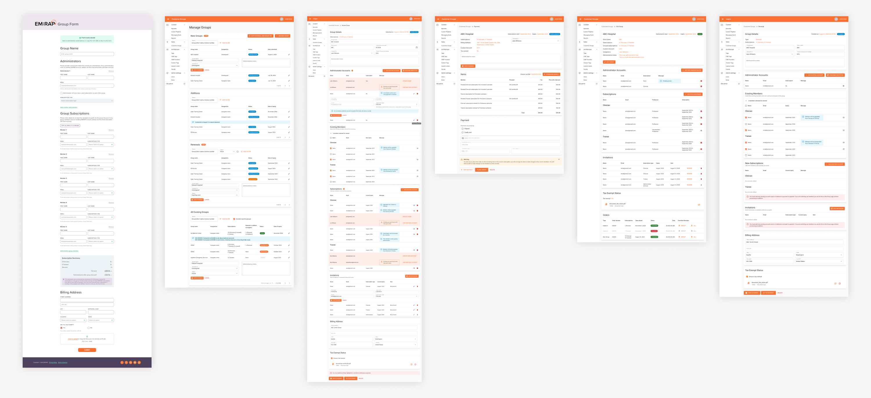 Initial high-fidelity designs of the main screens. Note: Not all components and states designed are included in this image.